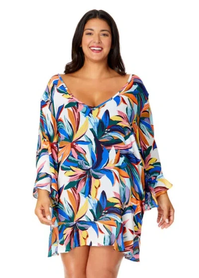 ANNE COLE PLUS RIVIERA FLORAL FLOUNCE V NECK TUNIC SWIMSUIT COVER UP
