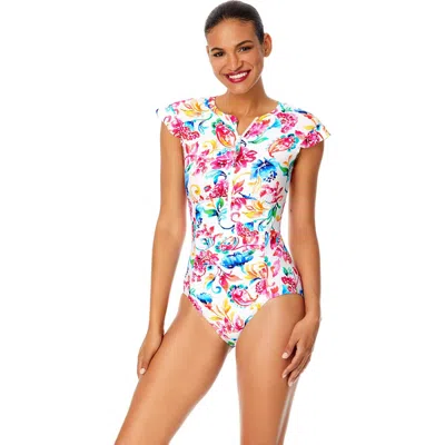 ANNE COLE RIVIERA FLORAL FLUTTER SLEEVE ZIP UP RASH GUARD ONE PIECE SWIMSUIT