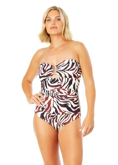 ANNE COLE TIGER DANCE RING FRONT BANDEAU ONE PIECE SWIMSUIT