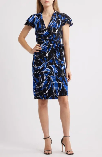 ANNE KLEIN ANNE KLEIN ABSTRACT PRINT FLUTTER SLEEVE WRAP DRESS