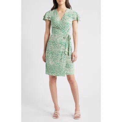 ANNE KLEIN ANNE KLEIN ANIMAL PRINT FLUTTER SLEEVE WRAP DRESS