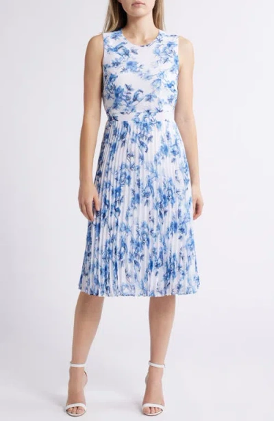 ANNE KLEIN ANNE KLEIN FLORAL SLEEVELESS PLEATED DRESS
