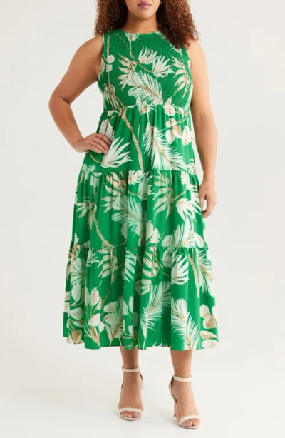 ANNE KLEIN ANNE KLEIN PALM PRINT SMOCKED TIERED MAXI DRESS