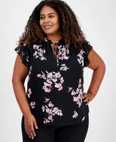 ANNE KLEIN PLUS SIZE FLORAL-PRINT RUFFLE-SLEEVE BLOUSE
