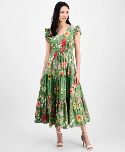 ANNE KLEIN WOMEN'S PRINTED V-NECK DRAWSTRING MAXI DRESS