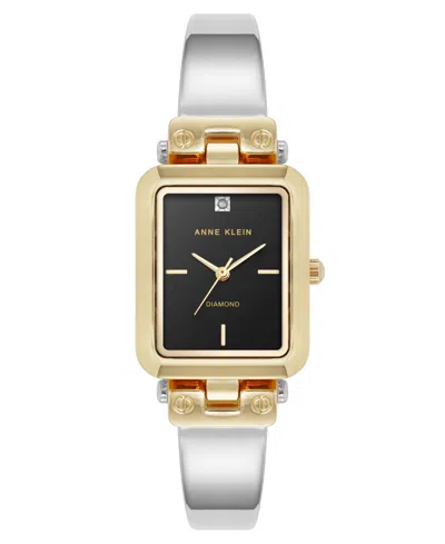 ANNE KLEIN WOMEN'S QUARTZ RECTANGULAR BLACK AND TWO-TONE METAL ALLOY BANGLE WATCH, 23MM