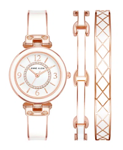 ANNE KLEIN WOMEN'S ROSE GOLD-TONE ALLOY BANGLE WITH WHITE ENAMEL AND CRYSTAL ACCENTS FASHION WATCH 33MM SET 3 P