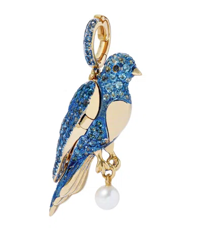 ANNOUSHKA YELLOW GOLD, DIAMOND, TOPAZ AND SAPPHIRE BLUEBIRD LOCKET CHARM