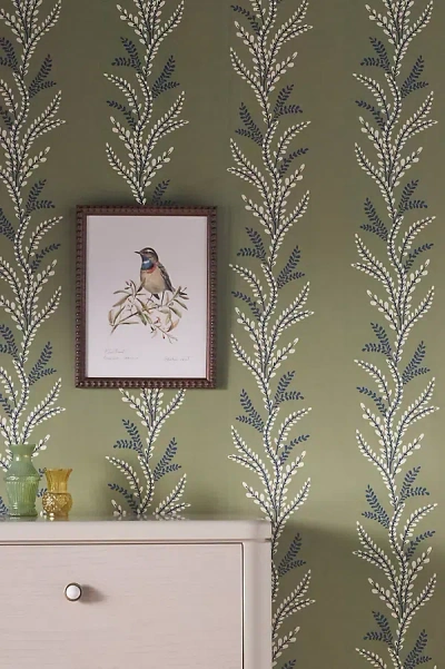 ANTHROPOLOGIE EXBURY OLIVE GREEN BOTANICAL STRIPE WALLPAPER