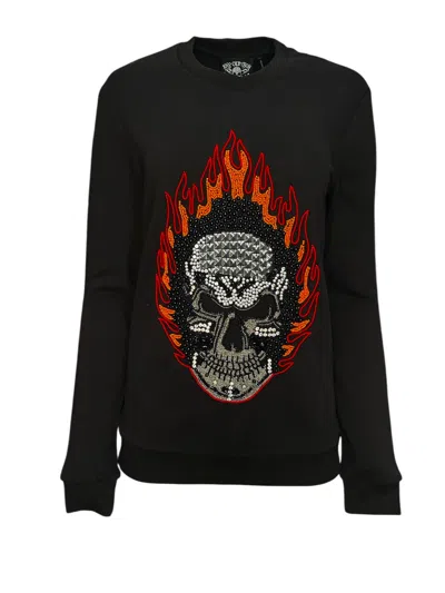 ANY OLD IRON WOMEN'S BLACK / RED / SILVER BEADED SKULL FIRE BLACK SWEATSHIRT