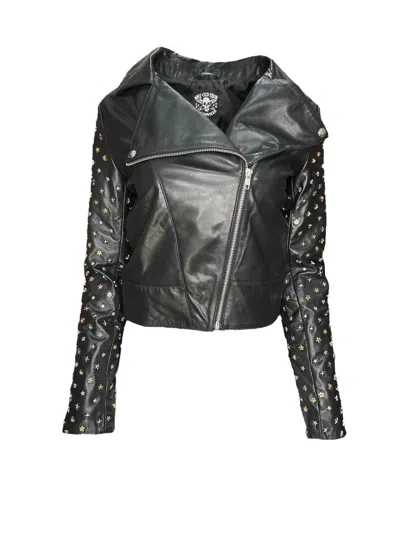 ANY OLD IRON WOMEN'S GOLD / BLACK / SILVER GOLD AND SILVER SUPER STARS STUDDED LEATHER MOTO