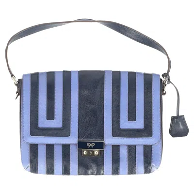 ANYA HINDMARCH PATTERNED FLAP SHOULDER BAG IN BLUE LEATHER