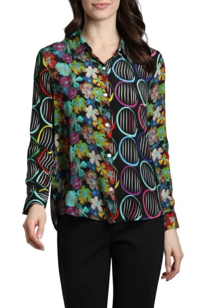 APNY APNY ABSTRACT PRINT ROLL TAB SLEEVE CHIFFON BUTTON-UP SHIRT