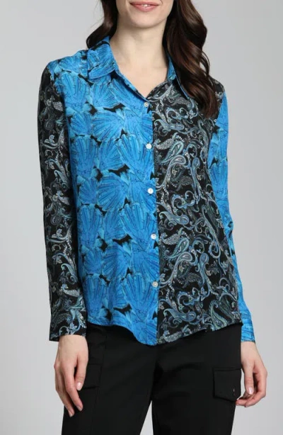 APNY APNY ABSTRACT PRINT ROLL TAB SLEEVE CHIFFON BUTTON-UP SHIRT