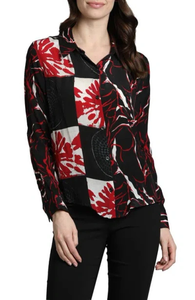 APNY APNY ABSTRACT PRINT ROLL TAB SLEEVE CHIFFON BUTTON-UP SHIRT