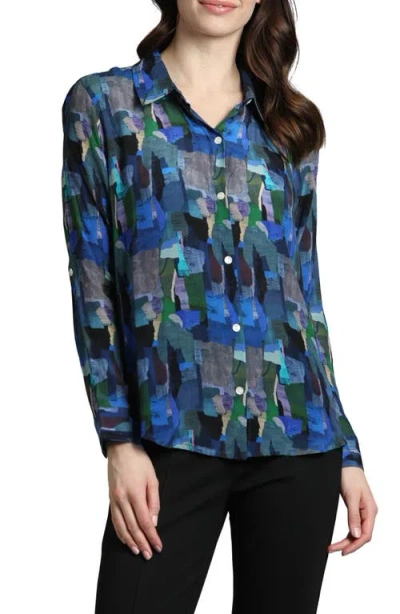 APNY APNY ABSTRACT PRINT ROLL TAB SLEEVE CHIFFON BUTTON-UP SHIRT