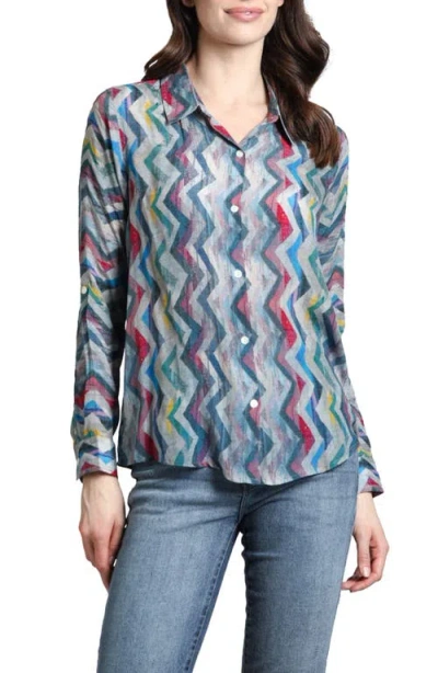 APNY APNY ABSTRACT PRINT ROLL TAB SLEEVE CHIFFON BUTTON-UP SHIRT