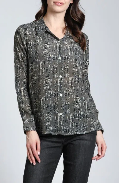 APNY APNY ABSTRACT PRINT ROLL TAB SLEEVE CHIFFON BUTTON-UP SHIRT