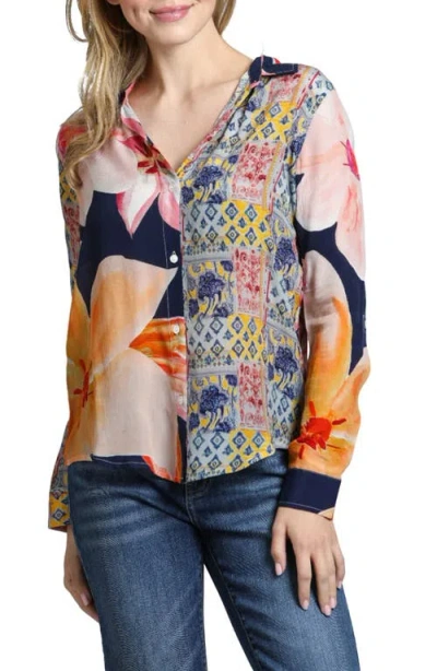 APNY APNY ABSTRACT PRINT ROLL TAB SLEEVE CHIFFON BUTTON-UP SHIRT