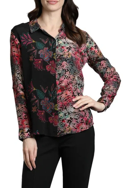 APNY APNY ABSTRACT PRINT ROLL TAB SLEEVE CHIFFON BUTTON-UP SHIRT