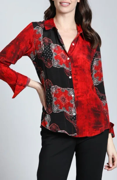 APNY APNY ABSTRACT PRINT ROLL TAB SLEEVE CHIFFON BUTTON-UP SHIRT