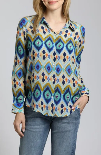 APNY APNY ABSTRACT PRINT ROLL TAB SLEEVE CHIFFON BUTTON-UP SHIRT