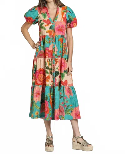 APNY MIXED PRINT LONG TIERED DRESS IN TURQUOISE MULTI