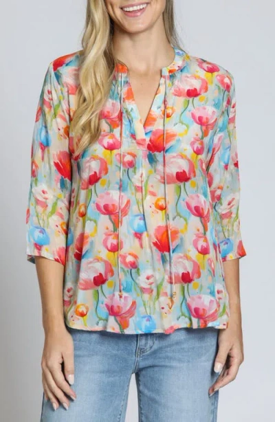 APNY APNY PRINT TASSEL SPLIT NECK CHIFFON TOP