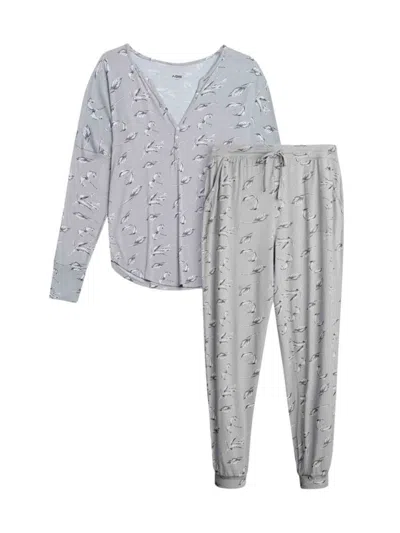 AQS AQS WOMEN'S 2-PIECE FEATHER-PRINT SHIRT & PANTS PAJAMA SET