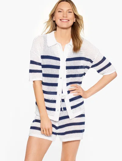 AQUA CLUB MISSES - AQUA CLUB OPEN-KNIT SHIRT COVER-UP - STRIPE - WHITE/INK - XS - 100% COTTON TALBOTS