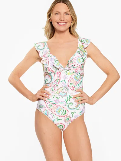 AQUA CLUB MISSES - AQUA CLUB RUFFLE V-NECK ONE-PIECE SWIMSUIT - ISLAND PAISLEY - WHITE - XL TALBOTS