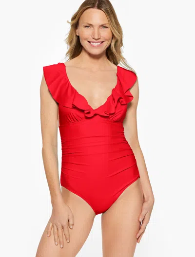 AQUA CLUB MISSES - AQUA CLUB RUFFLE V-NECK ONE-PIECE SWIMSUIT - RED PEPPER - XL TALBOTS