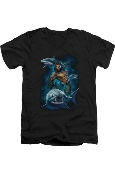 AQUAMAN MOVIE SWIMMING WITH SHARKS SHORT SLEEVE ADULT V NECK PREMIUM COTTON TEE / T-SHIRT