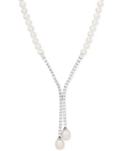 ARABELLA CULTURED FRESHWATER PEARL (5MM & 10 X 8MM) & CUBIC ZIRCONIA LARIAT NECKLACE IN STERLING SILVER, CREA