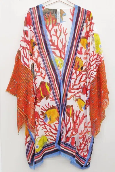 ARATTA WOMEN'S SEA OF BELIEF HAND-EMBELLISHED KIMONO IN CORAL FISH COMBO