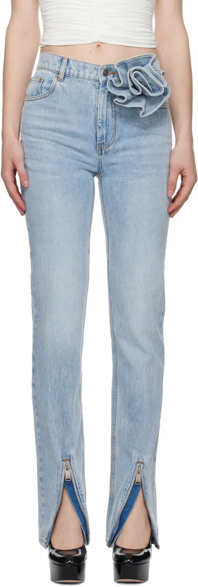 AREA BLUE FLOWER CORSAGE ANKLE ZIP JEANS