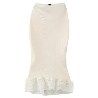 AROMATIQUE WOMEN'S WHITE RIBBED SILK & LEAVERS LACE PENCIL UNDER SKIRT