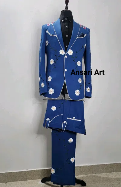 ART MEN BLUE 2PC BESPOKE HANDCRAFTED COUNTRY WESTERN SUIT FLORAL EMBROIDERED OUTFIS