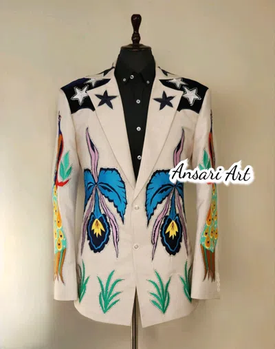 ART MEN'S LVORY BESPOKE 2PC PEACOCK $ PHOENIX EMBROIDERED WESTERN WEDDING OUTFITS