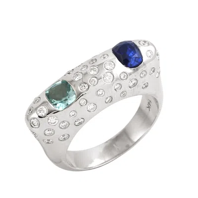 ARTISAN WOMEN'S BEZEL AQUAMARINE & SAPPHIRE DIAMOND STATEMENT RING IN WHITE GOLD