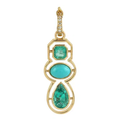 ARTISAN WOMEN'S GOLD / GREEN / BLUE EMERALD & TURQUOISE GEMSTONE PAVE DIAMOND DESIGNER PENDANT IN GOLD