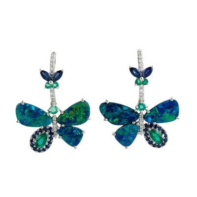 ARTISAN WOMEN'S BLUE / GREEN / WHITE 14K WHITE GOLD OPAL DOUBLET & BLUE SAPPHIRE EMERALD DIAMOND BUTTERFLY E