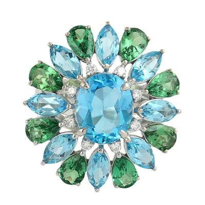 ARTISAN WOMEN'S WHITE / GREEN / BLUE LUXURY BLUE TOPAZ & TSAVORITE PAVÉ DIAMOND RING IN WHITE GOLD