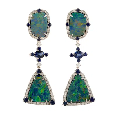 ARTISAN WOMEN'S DOUBLET OPAL & BLUE SAPPHIRE DIAMOND DANGLE EARRINGS IN 18K WHITE GOLD