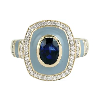 ARTISAN WOMEN'S WHITE / GOLD / BLUE GOLD COCKTAIL RING WITH BLUE SAPPHIRE, DIAMONDS & ENAMEL