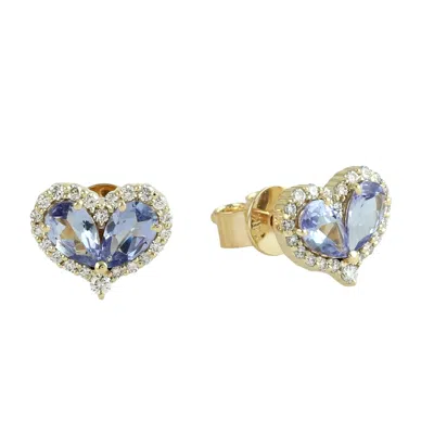 ARTISAN WOMEN'S GOLD / BLUE / WHITE NATURAL TANZANITE & DIAMOND HEART STUD EARRINGS IN YELLOW GOLD