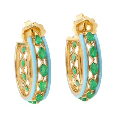 ARTISAN WOMEN'S GOLD / GREEN ELEGANT HOOP EARRINGS WITH EMERALD GEMSTONES & ENAMEL IN GOLD