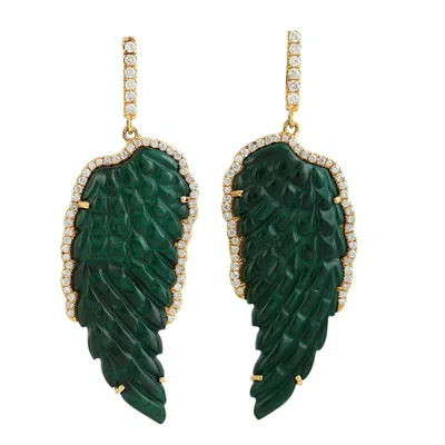 ARTISAN WOMEN'S GOLD / GREEN / WHITE ARTISTIC YELLOW GOLD FEATHER EARRINGS WITH DIAMONDS AND MALACHITE