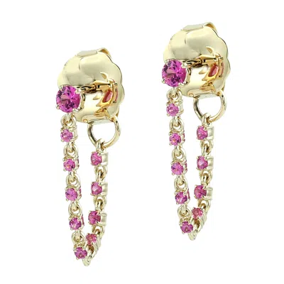 ARTISAN WOMEN'S GOLD / PINK NATURAL PINK SAPPHIRE CHAIN EAR THREAD EARRINGS IN YELLOW GOLD