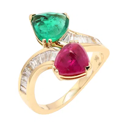 ARTISAN WOMEN'S RED / GREEN / GOLD 18K GOLD RUBY & EMERALD HEART BYPASS RING WITH BAGUETTE DIAMONDS